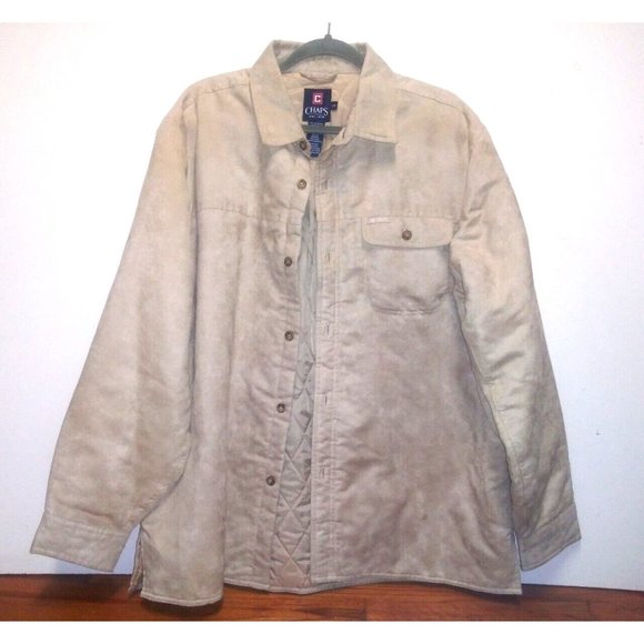 Chaps Other - Mens CHAPS shirt-jacket faux suede Sz L shacket QUILTED warm button up beige LS